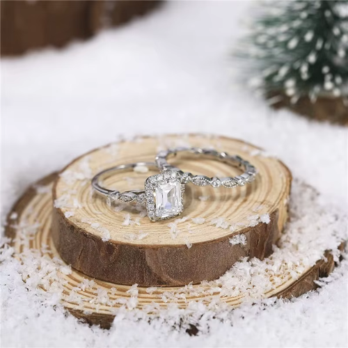 True - 2CT Emerald Cut Halo & Marquise Band Set