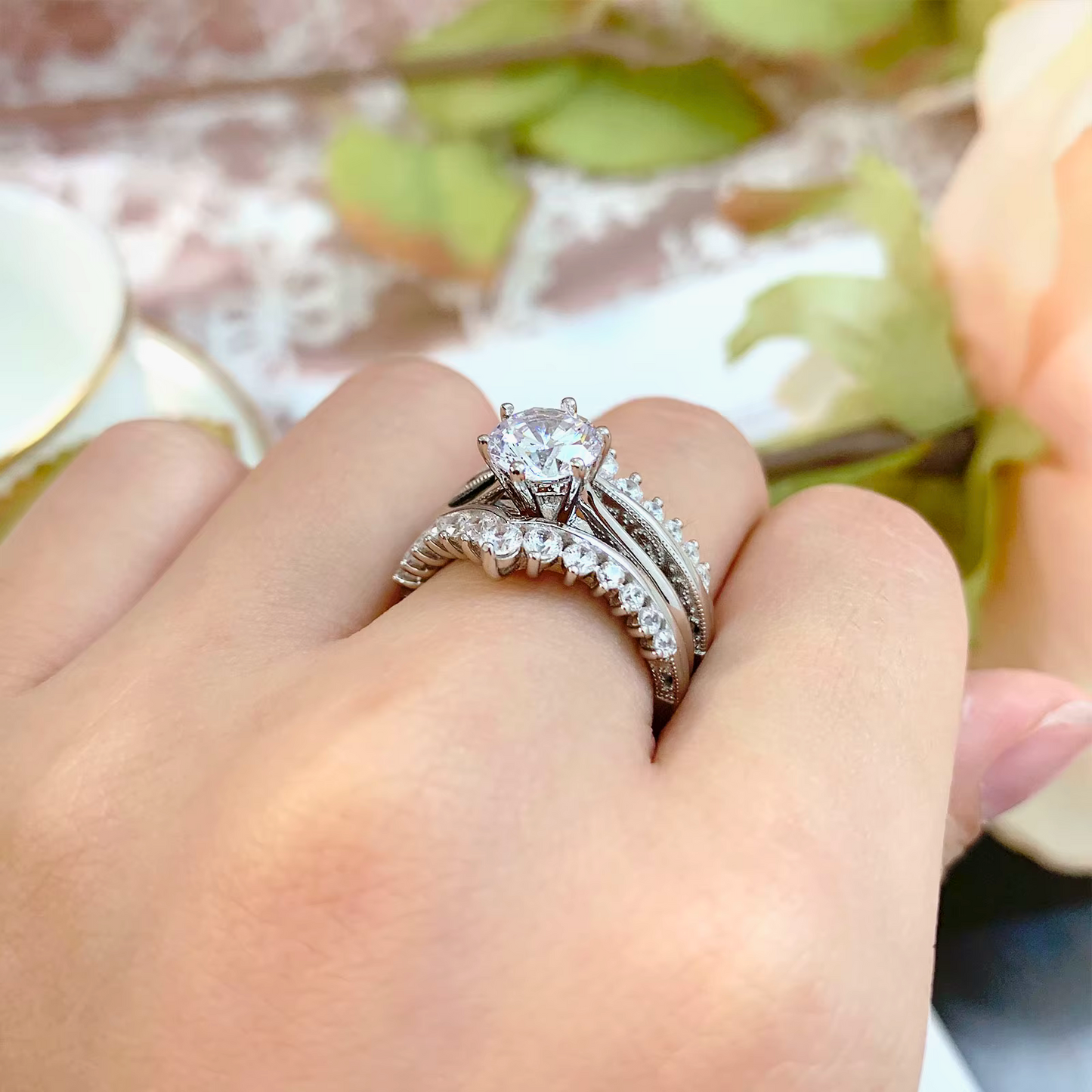 Felicity - 2CT Round Cut Solitaire & Double Curved Enhancer Set