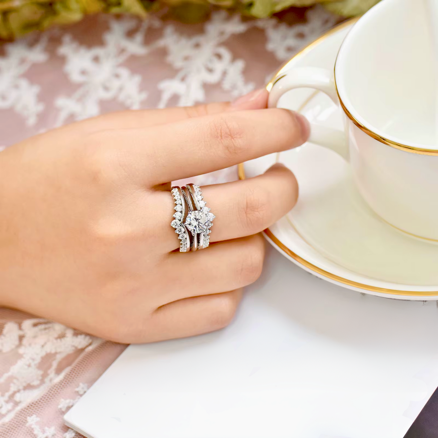 Felicity - 2CT Round Cut Solitaire & Double Curved Enhancer Set