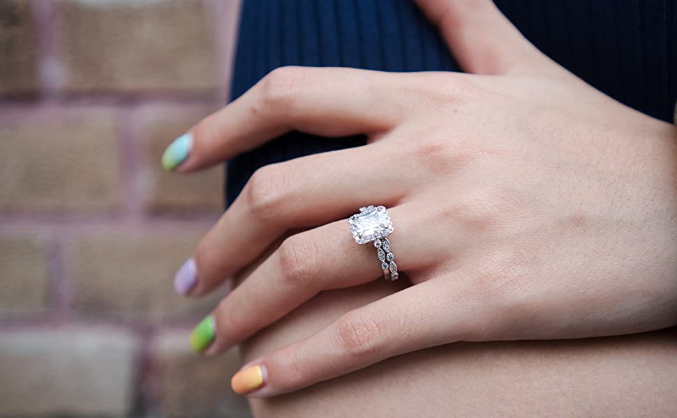 True - 2CT Emerald Cut Halo & Marquise Band Set