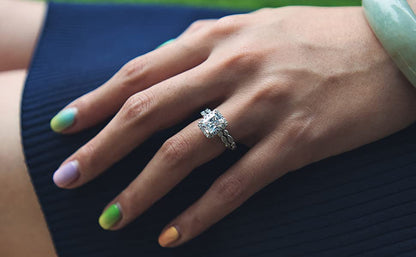 True - 2CT Emerald Cut Halo & Marquise Band Set